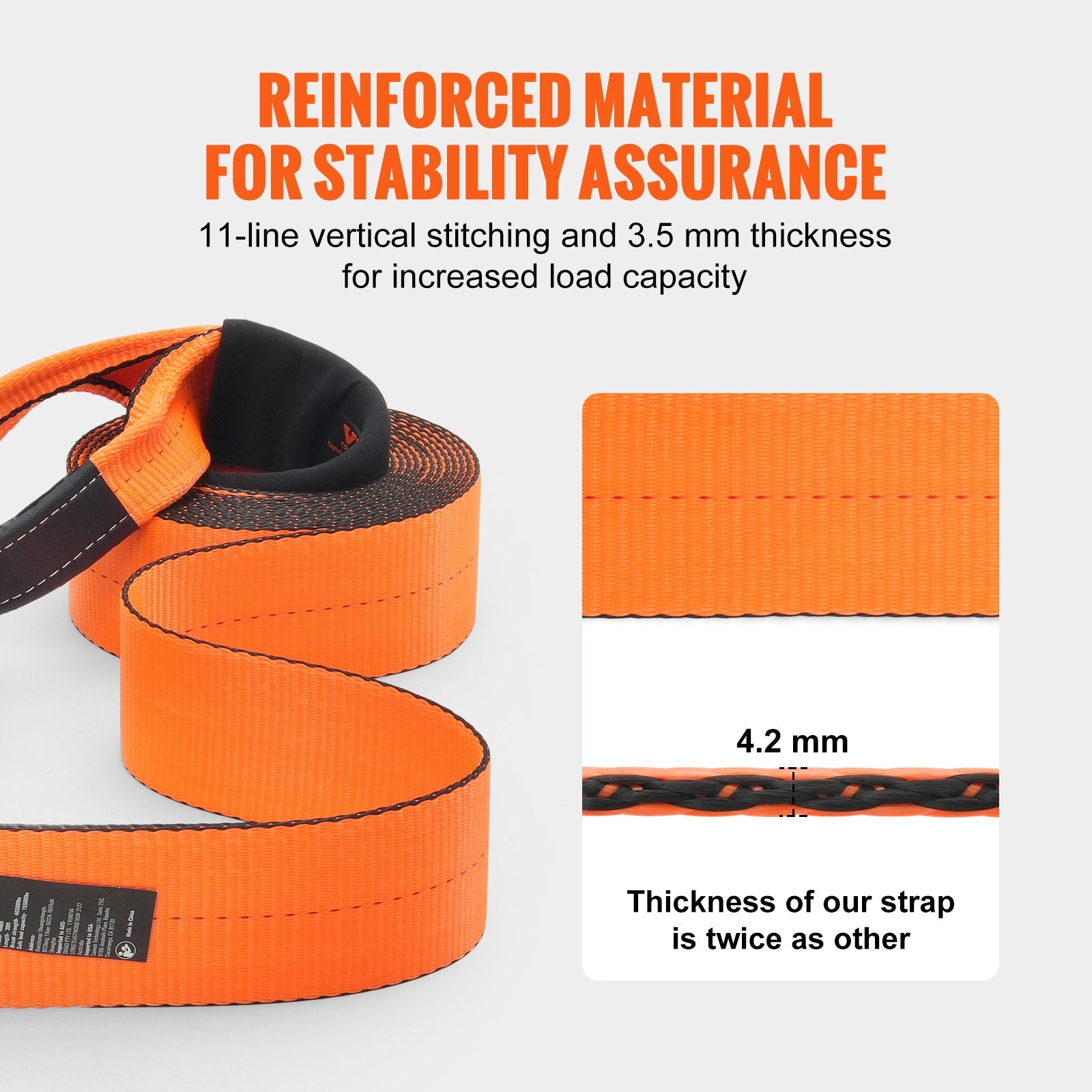 Recovery tow strap folded in storage bag