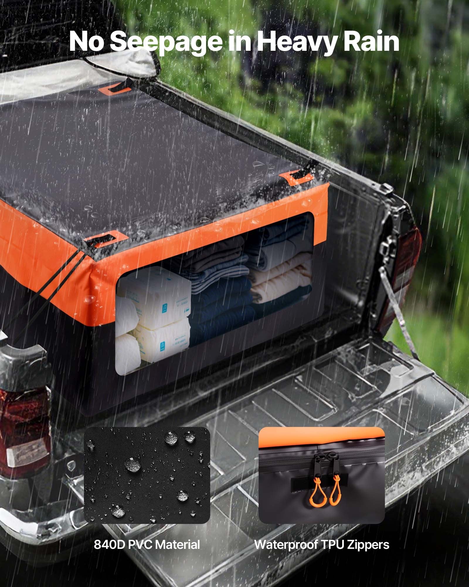 Truck bed cargo bag sealed waterproof zipper detail